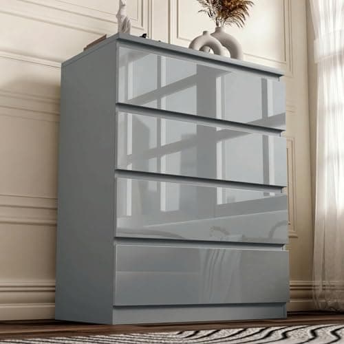 Image of Blisswood Grey High Gloss Chest of Drawers 4 Drawer Bedroom Furniture Storage Unit with Smooth Metal Runners, Modern Tall Cabinet for Bedroom, Living Room, Office or Hallway 40D x 70W x 95.5H CM