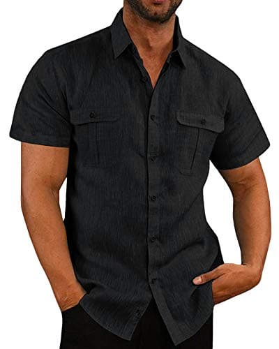 Image of Linen Shirt Men's Short Sleeve Summer Shirt Men's Casual Shirt Business Shirt Beach Shirt with Pockets, black, XL