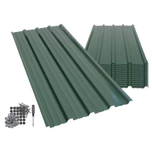 Image of Harbour Housewares 14-Pack Corrugated Metal Roofing Sheets - Green - Galvanised Steel Waterproof Rust-Resistant Heavy Duty Panels 110x46cm for Shed Outbuilding Shelter Roof Repair