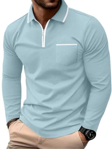Image of PrinStory Mens Long Sleeve Polo Shirts Quarter Zip Polo Shirts Golf Tennis Tops Casual Cotton Tee Tops with Pockets (Sky Blue, XL)