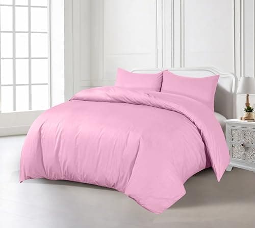 Image of Crescent Textile 200TC Duvet Cover Bedding Set Single, Double, King, Super King Size 100% Egyption Cotton Hotel Quality Duvet Set with Easy Closure (Pink, King)