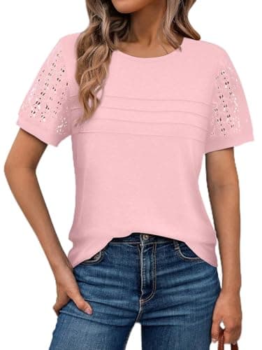 Image of Suncife Women Dressy Lace Short Sleeve Tshirt Tops Summer Business Casual T Shirt Blouse (Pink,L)