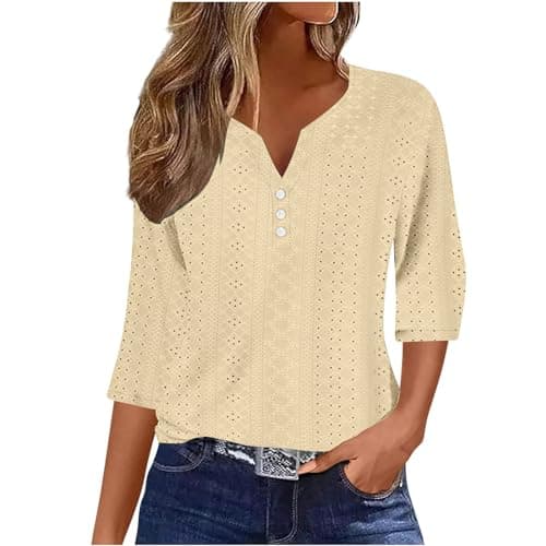 Image of Summer Tops for Women UK - Ladies Blouses Elegant Going Out Eyelet Embroidery Three Quarter Sleeve Tops Hollow Out Casual Business Outfits Tunic Tees Button 3/4 Sleeve V-Neck T-Shirts Yellow
