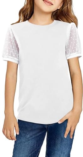 Image of Arshiner Girls T-Shirts Chiffon Sleeves Kids Summer Cotton Round Neck Short Sleeve Tops Casual Basic Tee Shirt for Girls 5-6 Years White