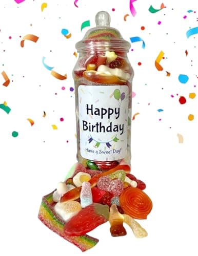 Image of Happy Birthday Quality Popular Pick n Mix Sweets Gift Jar Selection, Favourite Sweet Variety Assortment (650g Jelly & Fizzy Mix)