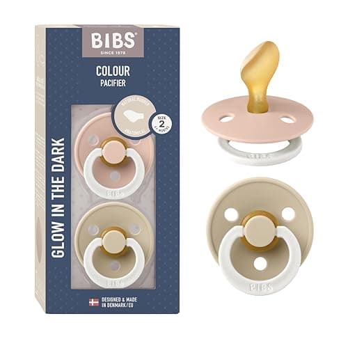 Image of BIBS Colour Anatomical Glow Dummies 2-Pack, BPA Free Dummy Pacifier, Orthodontic Nipple. Natural Rubber Latex, Made in Denmark, 6-18 Months (Pack of 2), Blush Glow/Vanilla Glow