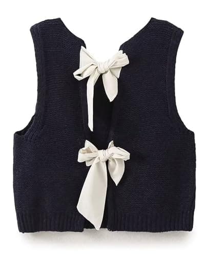 Image of SANSIWU Women Sweater Tank Tops Y2k V-Neck Sleeveless Crop Knitwear Fall Knit Waistcoat Slim Fit Bow Tie Back Sweater Vest Streetwear (Navy A, S)