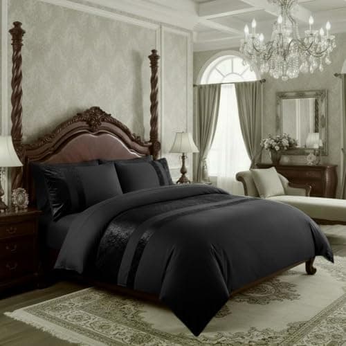 Image of Casabella Luxury Crushed Velvet Panel Band Duvet Cover Sets with Pillow Case Single Duvet Cover Bedding Set – Black Crush Velvet Single Duvet Cover Sets