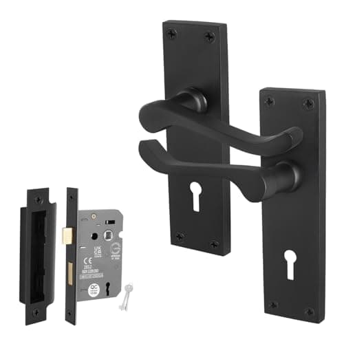 Image of EAI Black Victorian Scroll Lock Handle Set, 1 Pair of Matt Black Internal Lever Door Handles on Backplate and Lock (64mm)