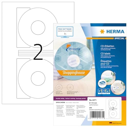 Image of HERMA 4471 116mm Colour Laser Paper Round CD Labels - Matte White (200 Labels, 2 per Sheet)