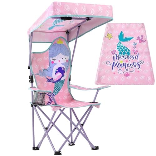 Image of Meng Jiaran Kids Folding Camping Chair,Pink Mermaid Childrens Beach Chair with Canopy Cup Holder Carry Bag,Portable Oxford Cloth Garden Chairs for Picnic Garden Beach Lawn Hiking