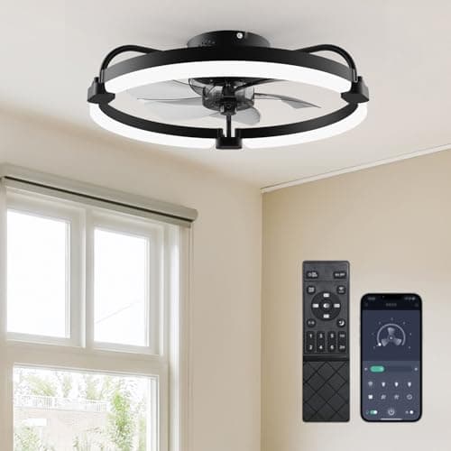 Image of Ensenior Ceiling Fans with Lights and Remote, 50cm Flush Mount, 6 Speed & 3000K-6500K Stepless Dimmable Quiet Modern LED Fan Lights Ceiling for Bedroom Living Room Dining Room - Black