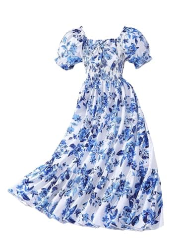 Image of GORGLITTER Girl's Floral Summer Dresses Square Neck Puff Short Sleeve A Line Smocked Flowy Ruffle Midi Dress 8-12 Years Blue 9Y