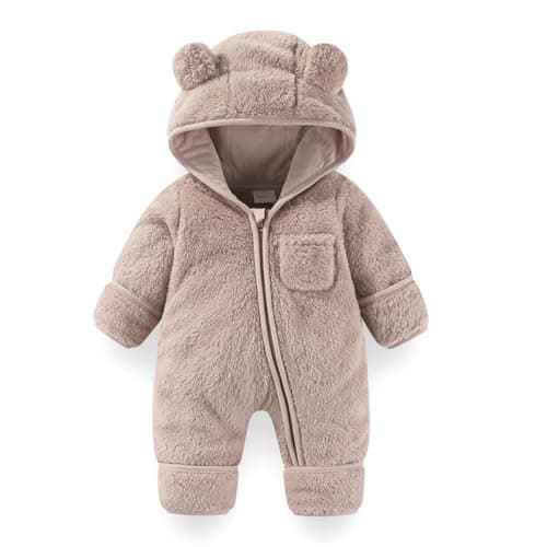 Image of Fairy Baby Baby Snowsuit, Newborn Baby Bear Hooded Footed Romper Fleece Snowsuit Cartoon Flannel Zipper Jumpsuit Fall Winter Outfits Grey 0-3M