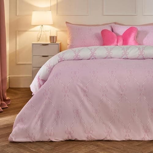 Image of OHS Lattice Bow Bedding, for Women Girls Bedding Super Soft Warm Cosy Bow Print Double Duvet Set Comfy Microfibre Reversible Double Bedding Set with Pillowcases, Pink/White