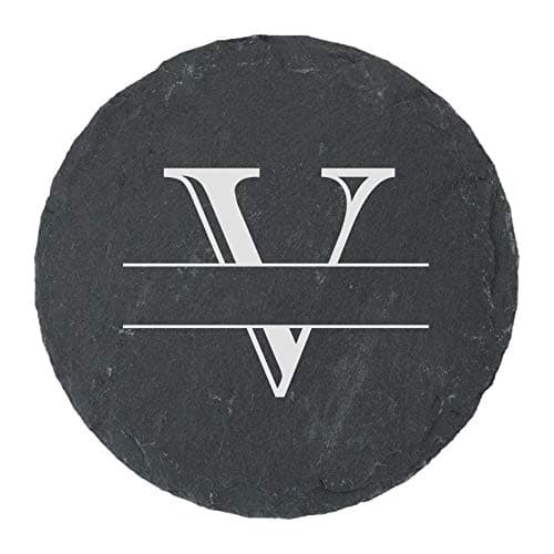 Image of Personalised Engraved Novelty Initial and Name Round Slate Coaster, Letter V, Set of 4, Personalise with Any Name, Perfect for Any Occasion