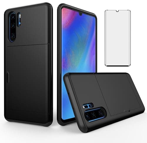 Image of Asuwish Phone Case for Huawei P30 Pro with Tempered Glass Screen Protector Cover and Accessories Card Holder Slot Cell Slim Silicone Hybrid TPU Protective Hawaii P30Pro P 30 Pro30 Women Men Black