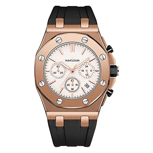 Image of KIMSDUN Stylish Sport Watches, 3 Dials, Stopwatch, 24 Hours, Waterproof, Date Calendar, Analog Quartz Wristwatch, Casual Watch, Silicone Strap for Men Students Unisex, Gold-Gold-White, Sport watch,