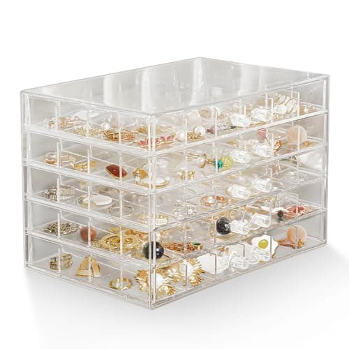 Image of TACYKIBD Clear Earring Storage Organiser, Clear Acrylic Jewellery Storage Box with 5 Drawers, Transparent Earring Display Case 120 Small Compartments for Earring Bangle Bracelet Rings