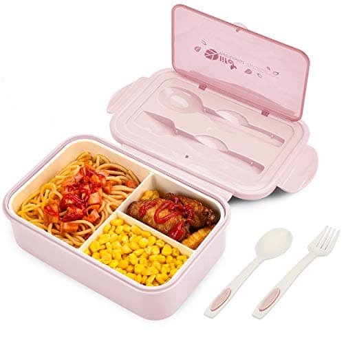 Image of BIBURY Lunch Box, Leakproof Bento Box for Kids Adults, Food Container with 3 Compartments and Cutlery Set, BPA Free, Microwave and Dishwasher Safe Meal Prep Containers - Pink