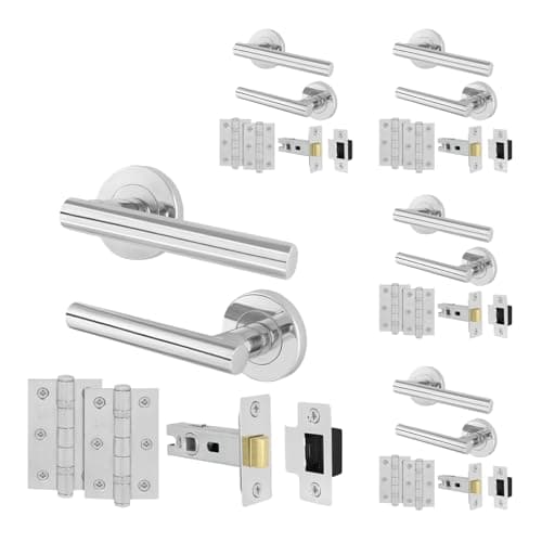 Image of EAI Door Handle Latch Set Polished Chrome - Pack of 5 | Round T-Bar Internal Door Handles, Latch (64mm), Hinges (76mm)| Silver Lever on Rose | Oliena Range