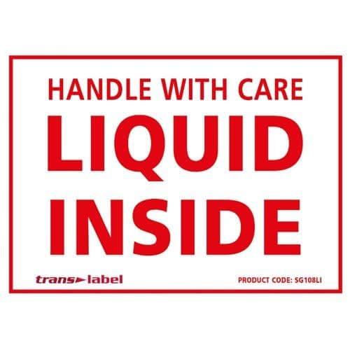 Image of Handle With Care Liquid Inside Label - 108x79mm 500 Per Roll Red Warning Label Fragile Sticker - Strong Adhesive (1 Roll)