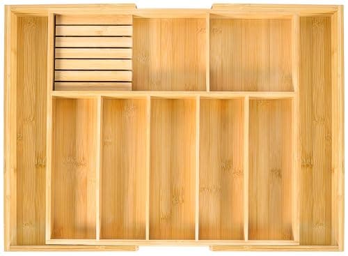 Image of VaeFae Extra Large Kitchen Utensil Holder, Bamboo Silverware Drawer Organizer, Expandable Cutlery Organizer with Knife Block, Multifunctional Wooden Drawer Divider