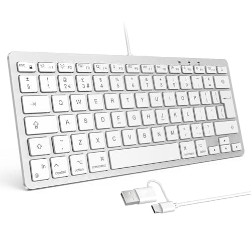Image of OMOTON Wired Keyboard for Mac with Dual Interface, USB and Type-C Mini Keyboard Compatible with Apple Mac Pro, iMac, Mac Mini, MacBook Pro/Air, QWERTY UK Layout, Silver