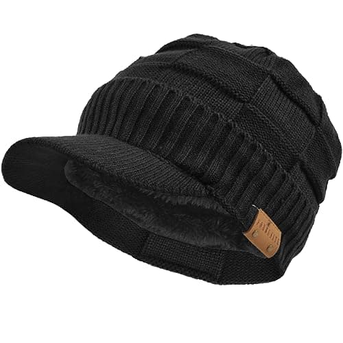 Image of VECRY Men Knitted Visor Beanie Fleece Lined Cuff Winter Daily Newsboy Cap (Plaid-Black)