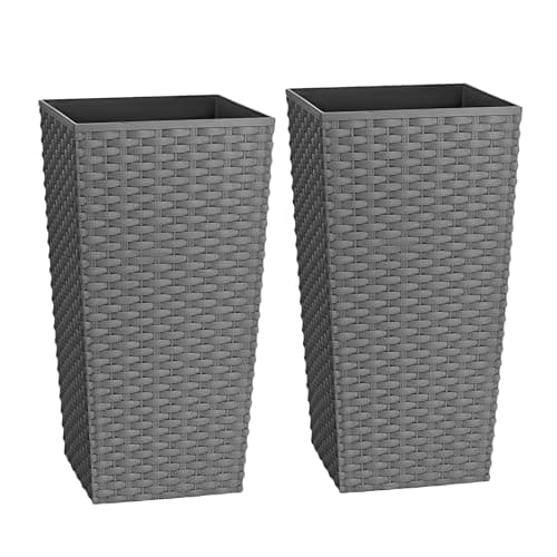 Image of CrazyGadget Tall Square Plastic Rattan Indoor/Outdoor Planters, Set of 2, Grey, 12 Litre