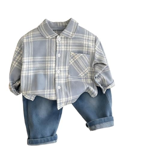 Image of YIKIURL Baby Boys Spring Autumn Clothes Sets Toddler Infant Checkered Shirt+Jeans 2-piece Clothing Set (Blue, 3-4Y)