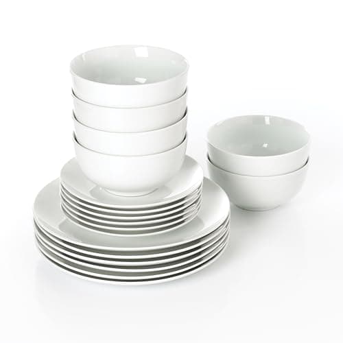 Image of Waterside 18pc White Porcelain Dinner Set, 6 Dinner Plates, 6 Side Plates & 6 Deep Bowls - Dishwasher & Microwave Safe