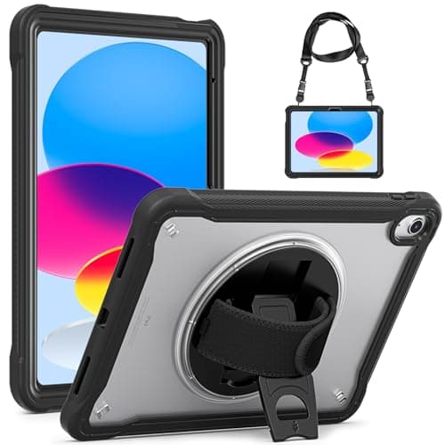 Image of Gerutek Case for iPad A16 11th Generation 2025 (11") & iPad 10th Generation 2022 (10.9"), Heavy Duty Shockproof Rugged Cover with Clear Back, 360° Rotating Stand & Hand Strap, Shoulder Strap, Black