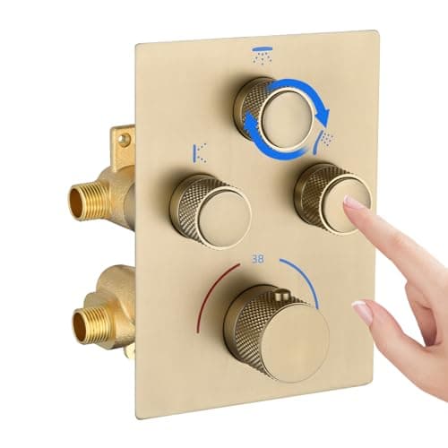 Image of Thermostatic 3 Way Concealed Shower Mixer Valve - Brass 3 Outlet Diverter with Push Button, Adjustable Water Flow & Temperature, Simultaneous Operation (Brushed Gold)