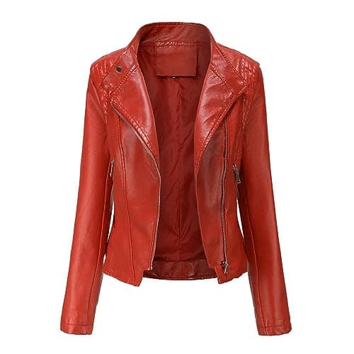 Image of YYNUDA Leather Jacket Women Zip Up Biker Moto Jacket Short Bomber Jacket Motorcycle Jacket Outwear Coat Red L
