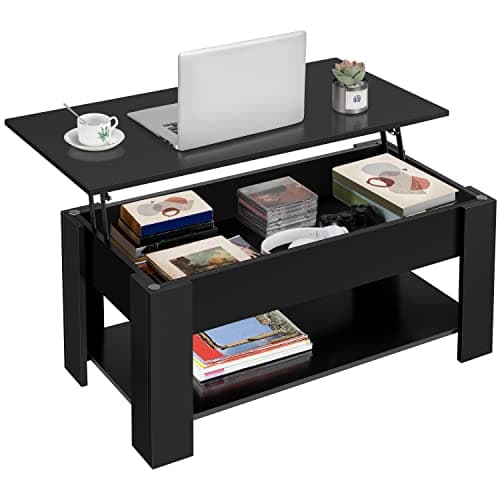Image of Yaheetech Coffee Table, Lift Top Coffee Table with Storage Compartment & Shelf for Living Room, Wooden Tea Tables with Lift Top, Black