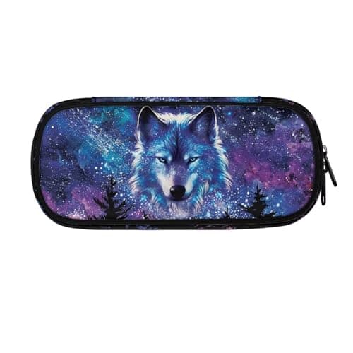 Image of ASQVTIFE Galaxy Wolf Pencil Case for Teens Boys School Pencil Pouch for Kindergarten Elementary Large Pencil Pouch 4-Hole Binder Mesh Zipper Case Pen Bag Pocket Supply Boxes for Kids