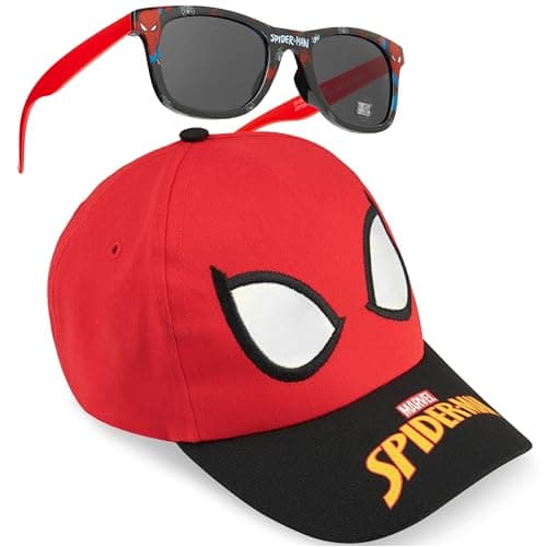 Image of Marvel Spiderman Boys Baseball Cap Sunglasses Set, Adjustable Summer Sun Hat 100% UV Protection Shades, Holiday Essentials (Red Spiderman)