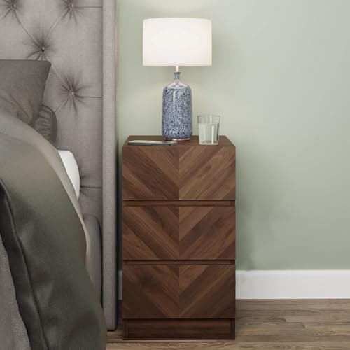 Image of GFW Catania Pair Of Bedside Drawers, Chest Of Drawers Sideboard Cabinet, Modern Herringbone Design Wood Effect Finish Bedroom Furniture Storage Chest, Royal Walnut Wood H60.5 x W35cm x D40cm