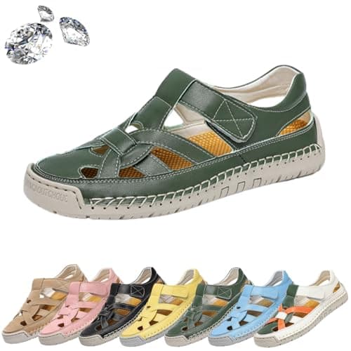 Image of MJsznvorex Leather Closed Toe Sandals for Women, Cutout Breathable Non-slip Soft Sole Comfortable Walking Flat Shoes Ankle Strap Beach Sandals (Green,5)