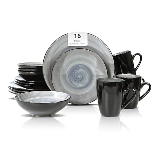 Image of HomeVSS 16 Piece Dinnerware Set Service for 4, Plates and Bowls Set with Mug, Ceramic Dinner Set, Microwave and Dishwasher Safe, Sonoma Collection Dish Set, Hand-Painted Swirl Grey