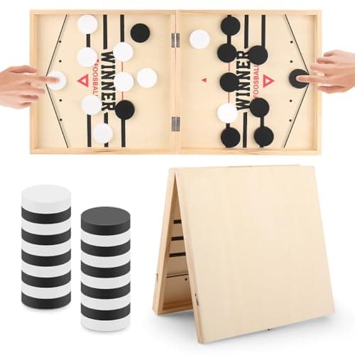 Image of Cartlant Fast Sling Puck Game, Large Foosball Table Shuffleboard Adult Wooden Super Player Winner Pucket Board, Foldable Air Slingshot Hockey Set Tabletop Elastic Battle Shuffle Gift for Kids Boys