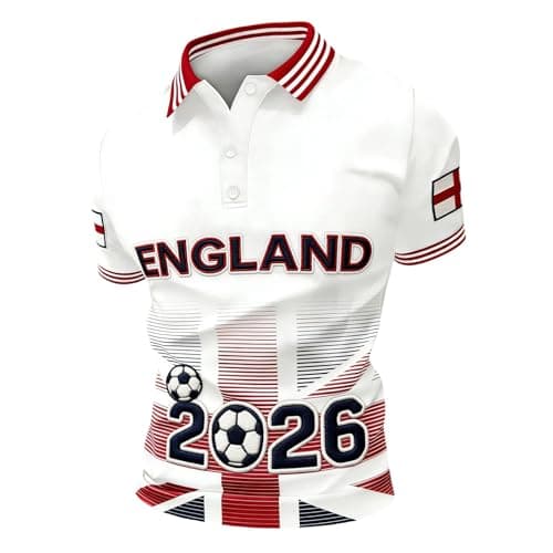 Image of Mens England Football Shirt, Men's England Football Shirt 2026: Soft World Cup Shirts Breathable Classic Jersey Men Stretchy Lightweight Tops Comfortable Clear Printed Mens Soccer Clothing White M