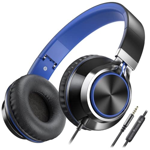 Image of Ailihen C8 Headphones Wired with Microphone Foldable and Adjustable On-Ear Headsets Volume Control HD Stereo Sound 3.5mm Jack for Chromebook, Laptop, Smartphone, Study, Office, Travel (Black/Blue)