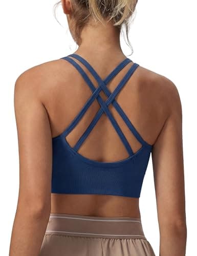 Image of Leversic Sports Bra for Women Padded Yoga Bra Mid Impact Sports Bra Strappy Cross Back Crop Top for Fitness Yoga Gym(Navy Blue,L)