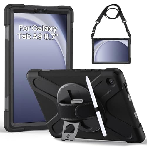 Image of Gerutek Case for Samsung Galaxy Tab A9 8.7 inch 2023, SM-X110/X115 Shockproof Cover,Heavy Duty Rugged Samsung Tablet A9 Case with 360 Rotating Stand/Hand & Shoulder Strap for Galaxy Tab A9, Black