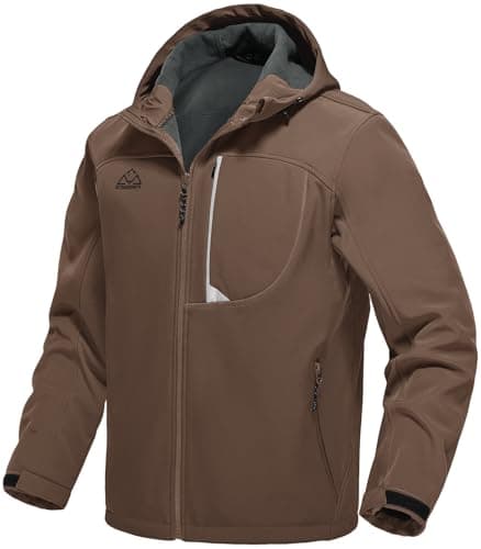 Image of Rdruko Men's Soft Shell Jacket Fleece Lined Waterproof Lightweight Outdoor Hiking Hooded Softshell Jacket, Brown, L