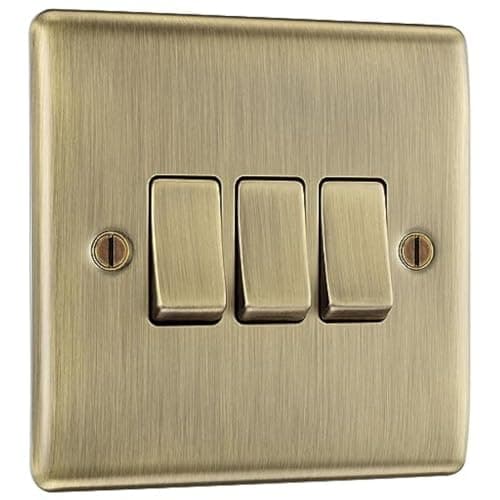Image of BG Electrical Triple Wall Light Switch, 2 Way, Raised and Slim Profile, Round Edges, Nexus Metal, Antique Brass, 20A, 16AX, NAB43