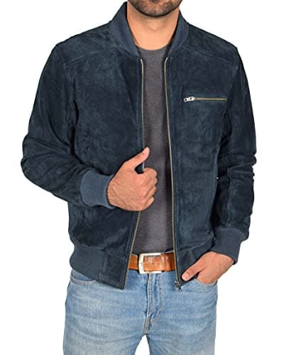 Image of A1 FASHION GOODS Mens Real Suede Bomber Jacket Fitted Classic Colours Black Brown Navy Tan - Wade (Navy, S)