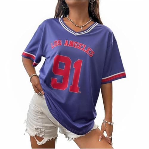 Image of Zidoley Jersey Tops for Women, y2k Fashion Ladies Oversized t Shirts, V Neck Sports American Football/Baseball Jersey, Summer Varsity Top (UK, Alpha, S, Regular, Regular, Blue)